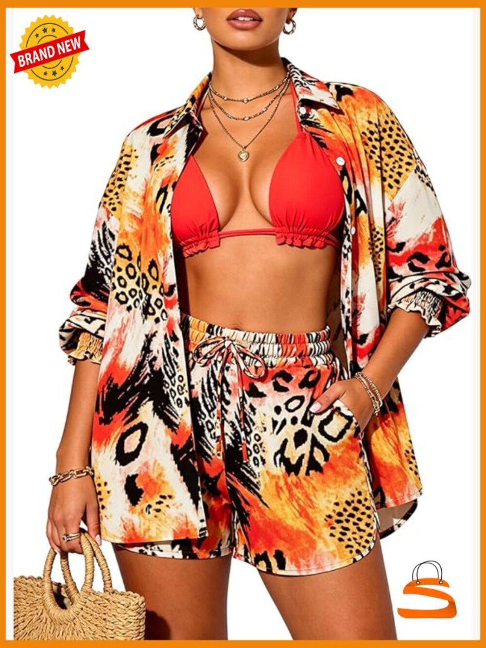 3 Piece Bikini Set with Cover Up & Shorts Tropical Floral Summer Beach Outfit